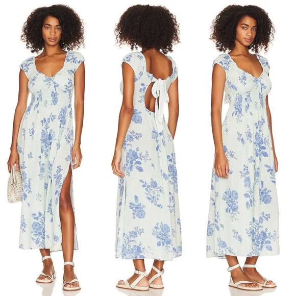 FREE PEOPLE Milkmaid Midi Dress Sundress Blue Floral Gauzy CottageCore Cotton M - Picture 12 of 13